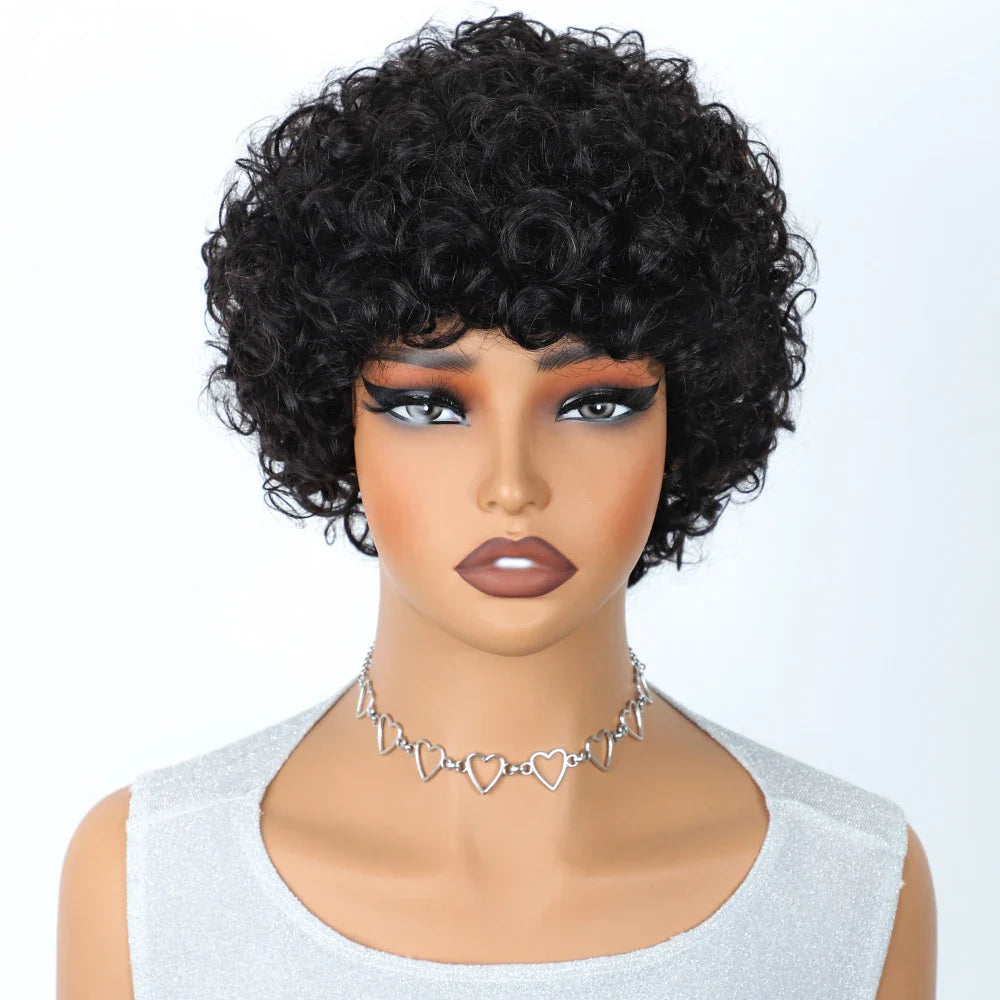 Sleek Short Pixie Afro Kinky Curly Human Hair Wig | Glueless Natural Brown 99J Bob with Bangs