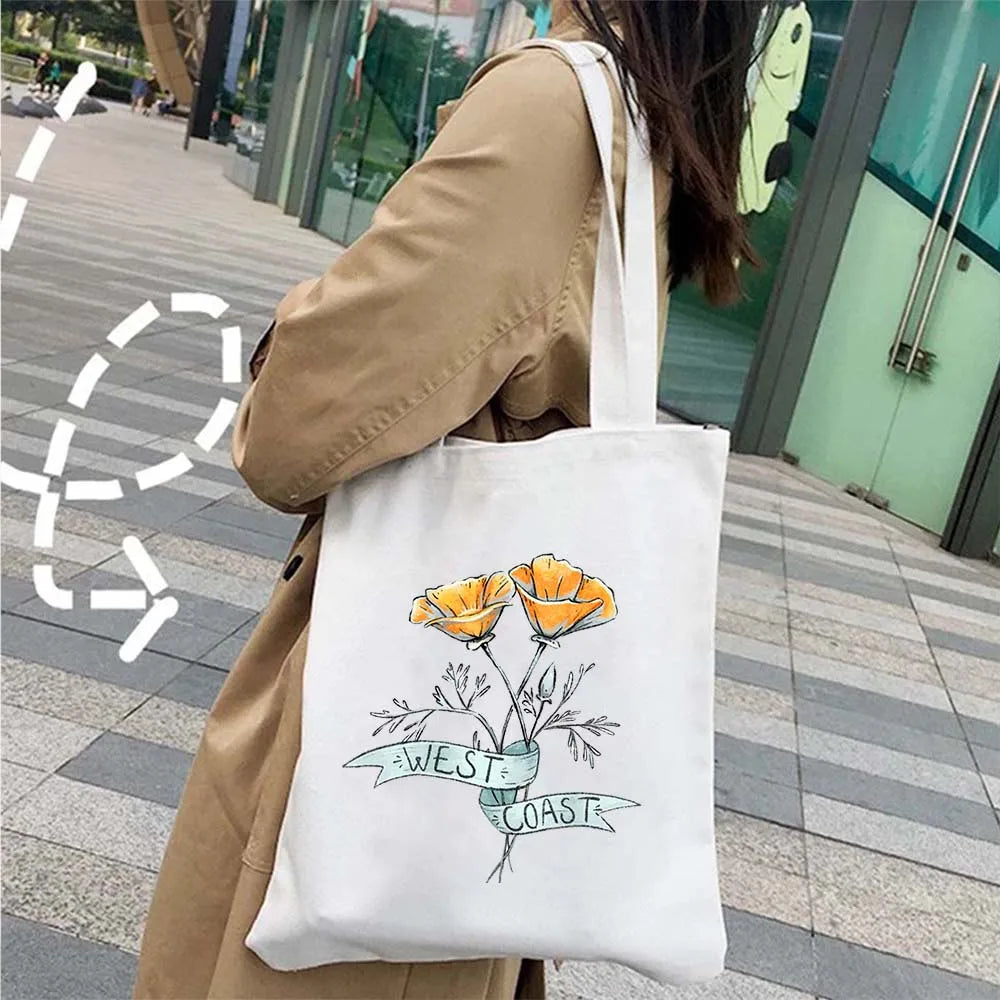 Succulove Floral Cotton Tote Bag | Large Capacity Handbag with Tulips, Hydrangeas, Sunflowers & More (Casual Shoulder Shopper, Eco-Friendly)