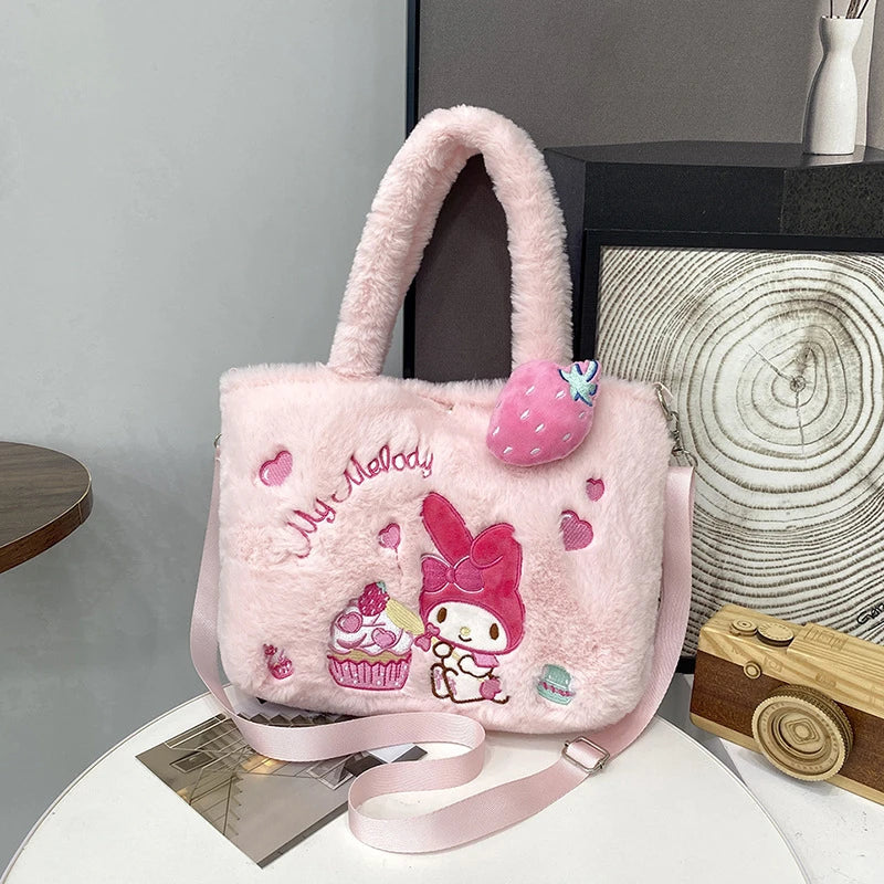 Kawaii Hello Kitty Plush Shoulder Bag | My Melody Cinnamoroll Kuromi Cute Cartoon Anime Handbag (Soft Storage Bag for Women & Girls)