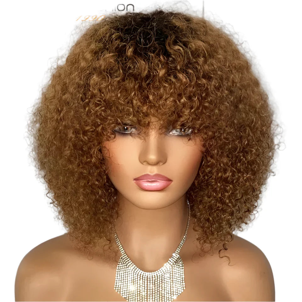 Rebecca Ombre Brown Curly Wig with Bangs | Loose Deep Wavy Brazilian Remy Human Hair