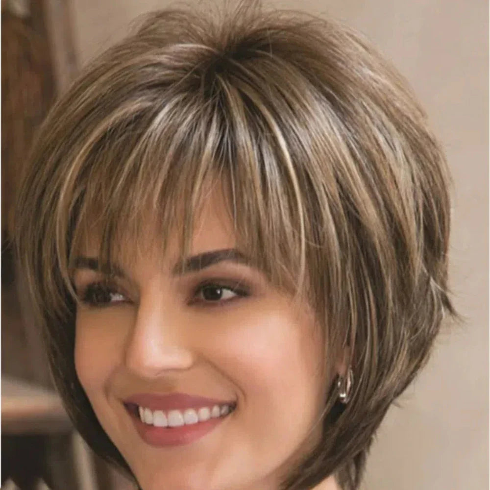 Short Brown Bob Wig with Bangs | Mixed Blonde Synthetic Natural Hair Wig for Women (Soft Mommy Hair, Daily Use)