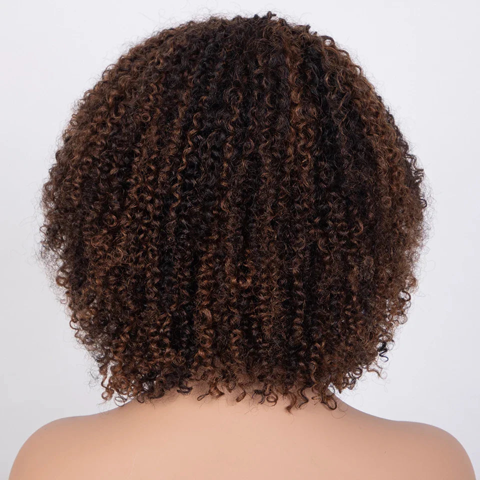 Ombre Highlight Afro Kinky Curly Human Hair Bob Wig | Full Machine Made Peruvian Remy