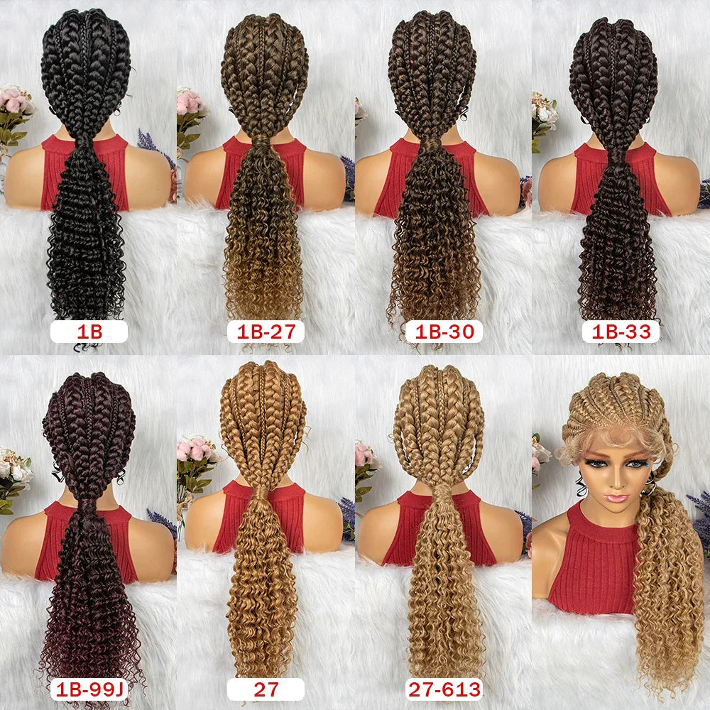 28" Burgundy Knotless Braids Wig with Curly Ends | Lace Front | Baby Hair