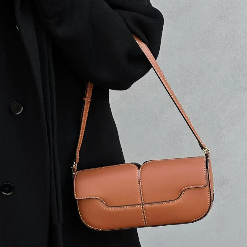 French Chic Compact Horizontal Saddle Bag | Luxury Woman Shoulder Underarm Stick Bag (Classic Long Clutch & Handbag)
