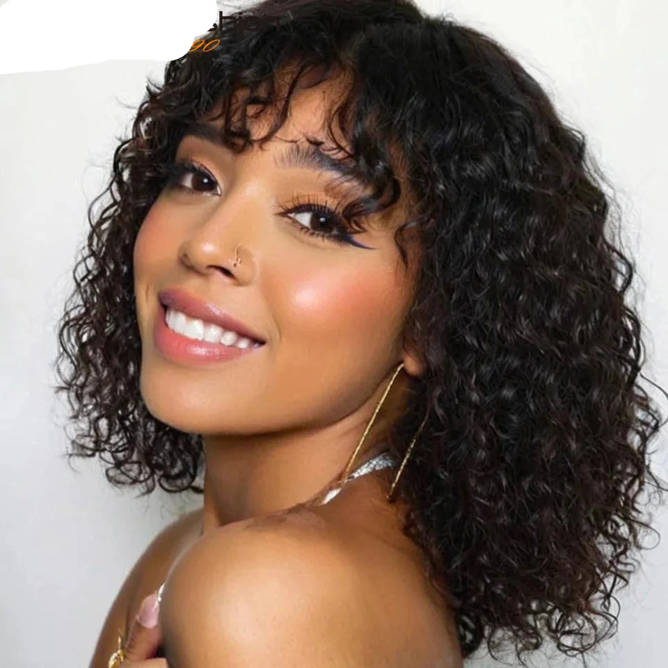 Jerry Curly Short Pixie Bob Wig with Bangs | Full Machine Made Remy Human Hair for Black Women