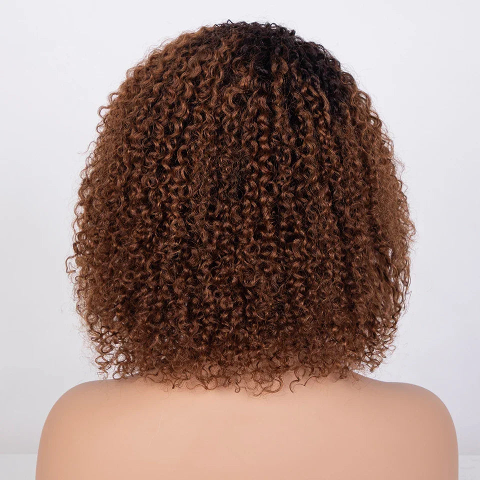 Ombre Highlight Afro Kinky Curly Human Hair Bob Wig | Full Machine Made Peruvian Remy