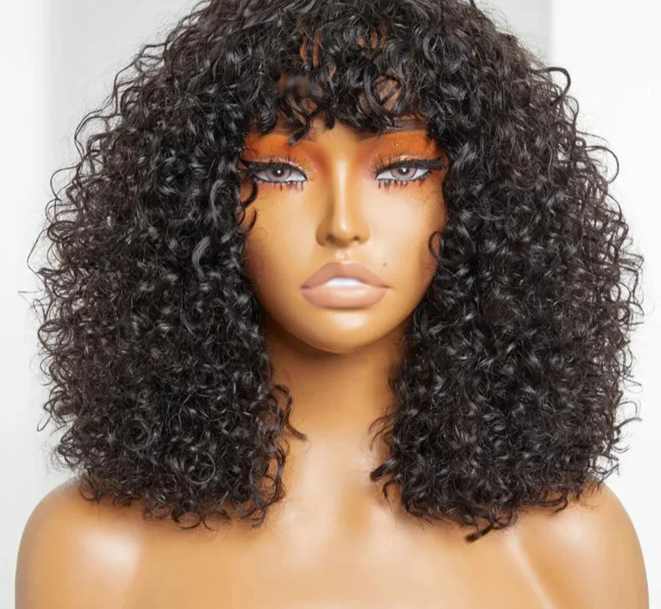 Brazilian Jerry Curly Human Hair Bob Wig with Bangs | Natural Highlight Honey Water Wave Kinky Curly Wigs for Women