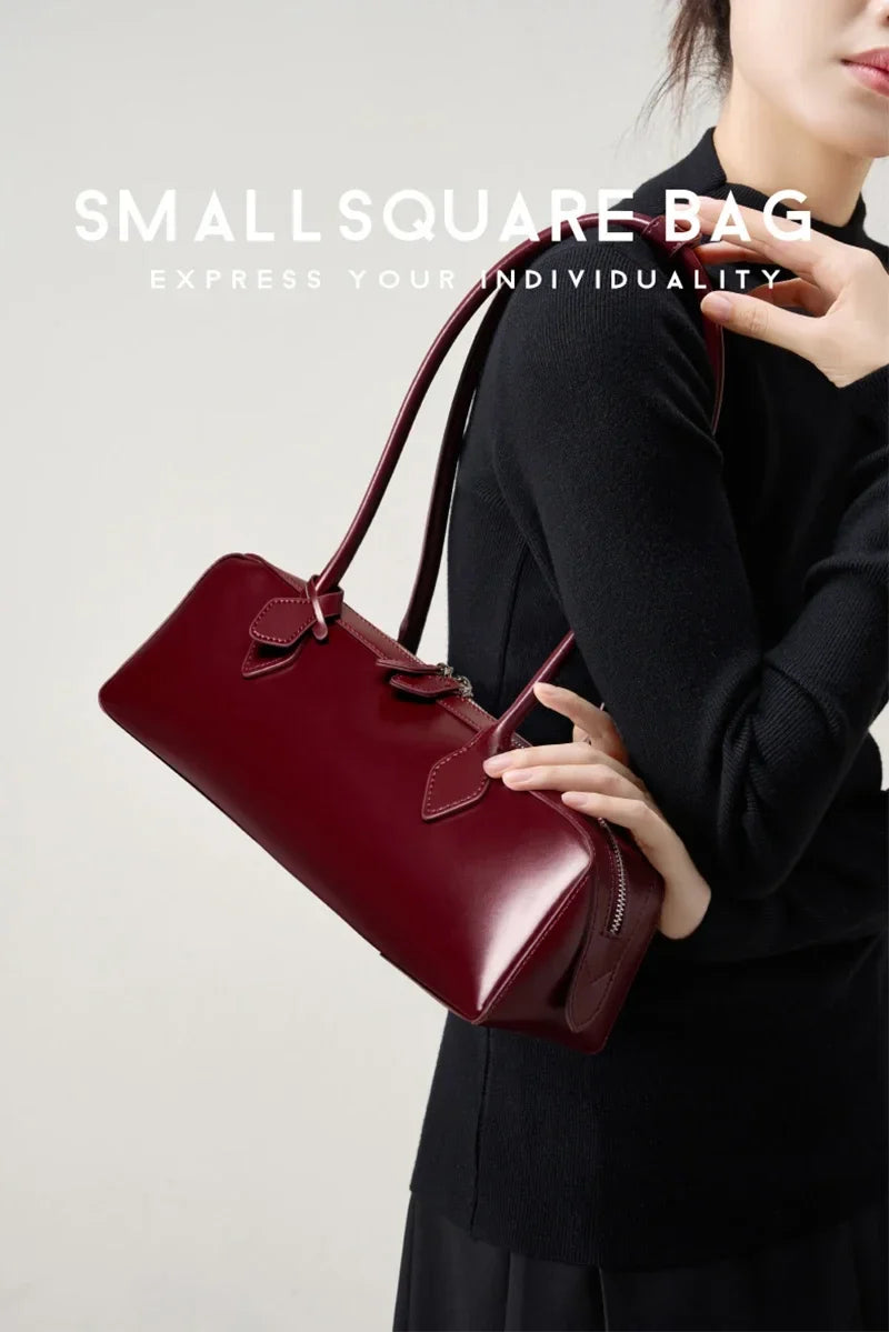 New Genuine Leather Women's Shoulder Bag | Large Capacity Cowhide Luxury Handbag (Long Strip Wine Red Baguette Bag)