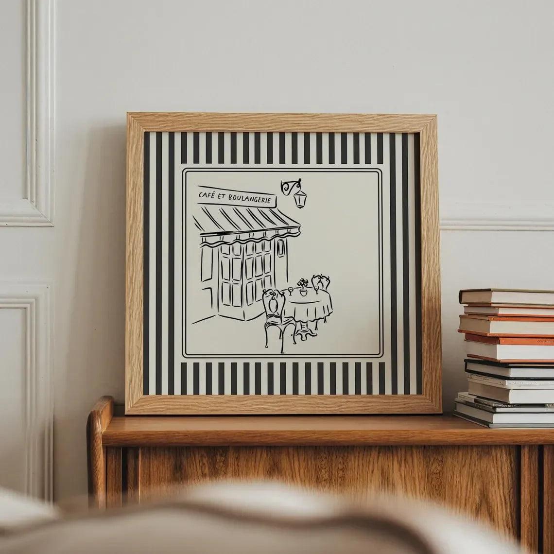 Black and White Striped French Cafe Print, Minimalist Illustration, Digital Downloads, Art Print, Gift Idea, Aesthetic