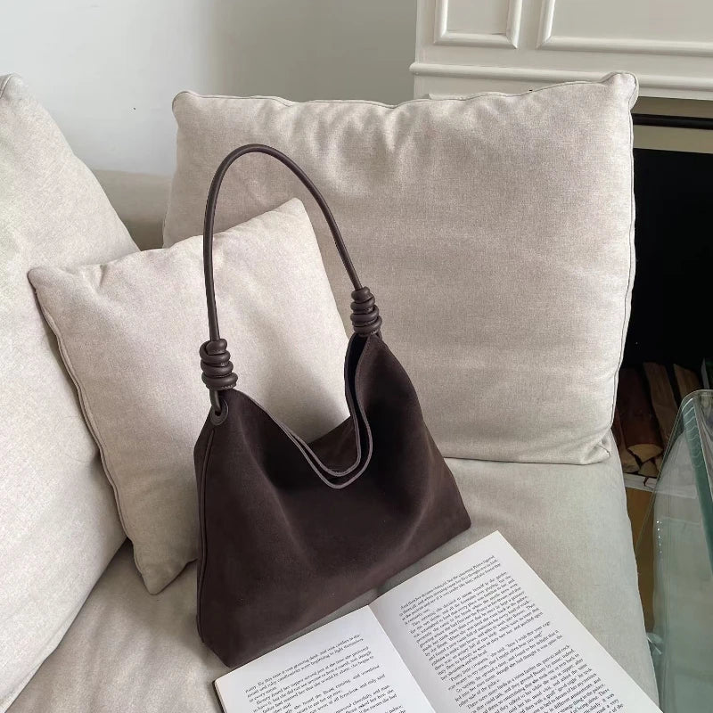 All-Match Chamois Matte Suede Cowhide Leather Tote | Large Capacity Designer Maillard Dressing Coffee Winter Ladies Handbag