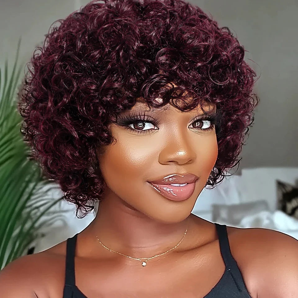Sleek Short Pixie Afro Kinky Curly Human Hair Wig | Glueless Natural Brown 99J Bob with Bangs