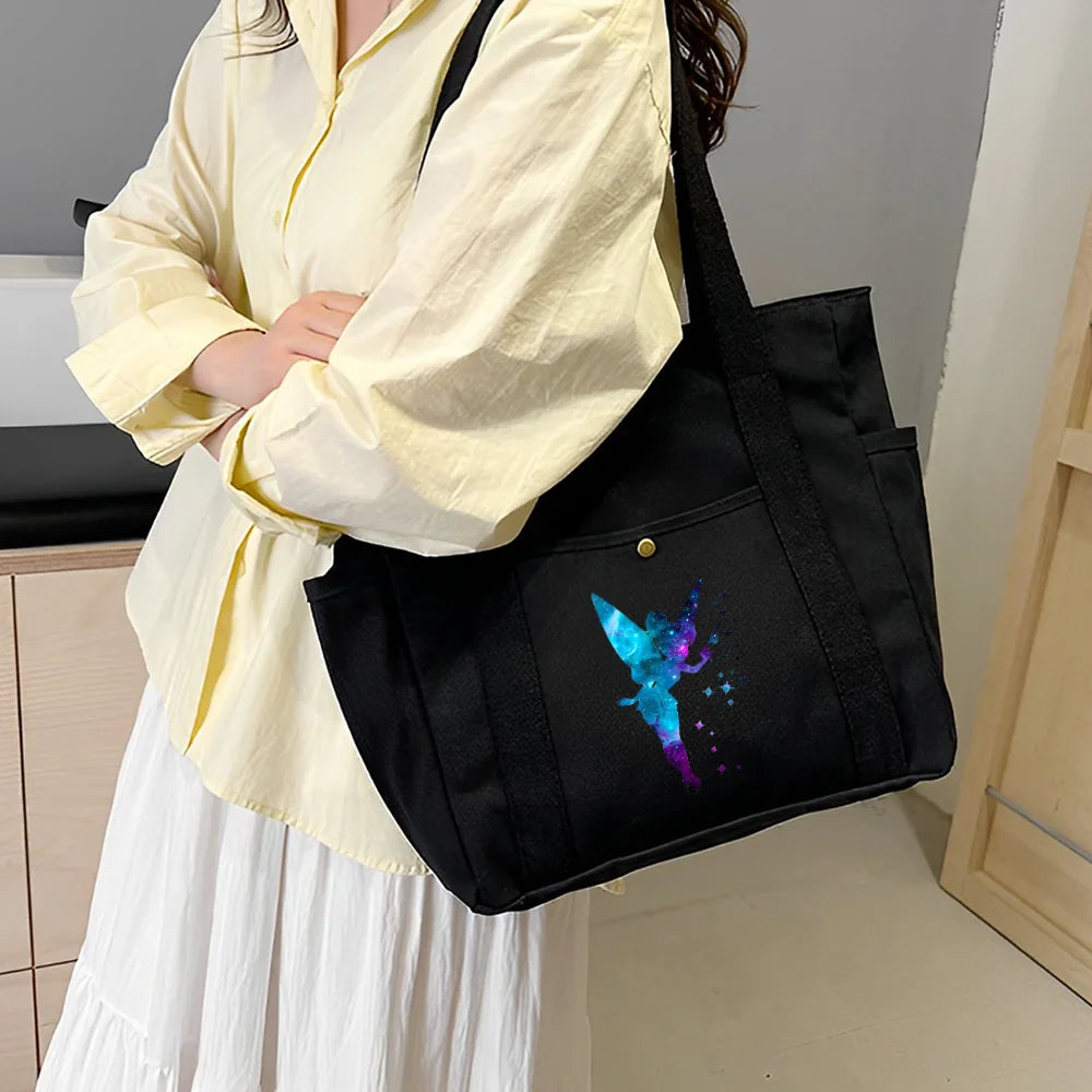 Tinker Bell Large Capacity Canvas Tote Bag | Work Commuting & College Style Student Shoulder Bag (Book Bag, Shopping Bag, Zipper Closure)