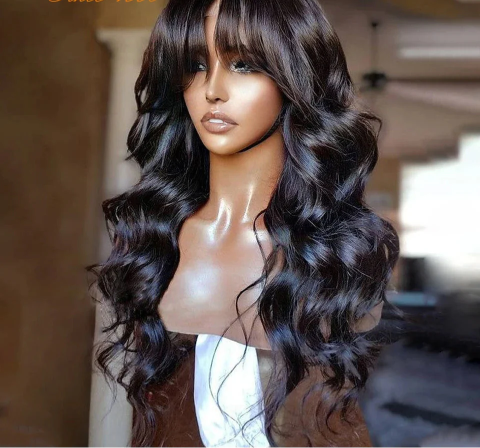 Natural Color 24" Body Wave Wig with Bangs | 180% Density Remy Human Hair Middle Part Lace