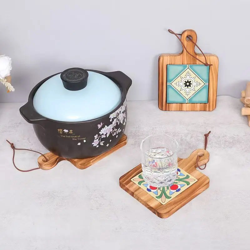 Home Creative Wood Tiles Pot Mat Anti-Scalding Plate Mat Drink Coasters Wooden Trivet Frame for Hot Tea Pots Non-slip Cup Mat