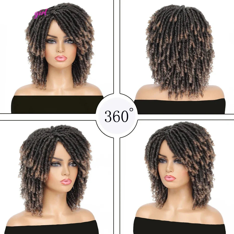 Short Afro Curly Faux Locs Wig | Twist Braids | Heat Resistant | Ombre Brown | Black Women