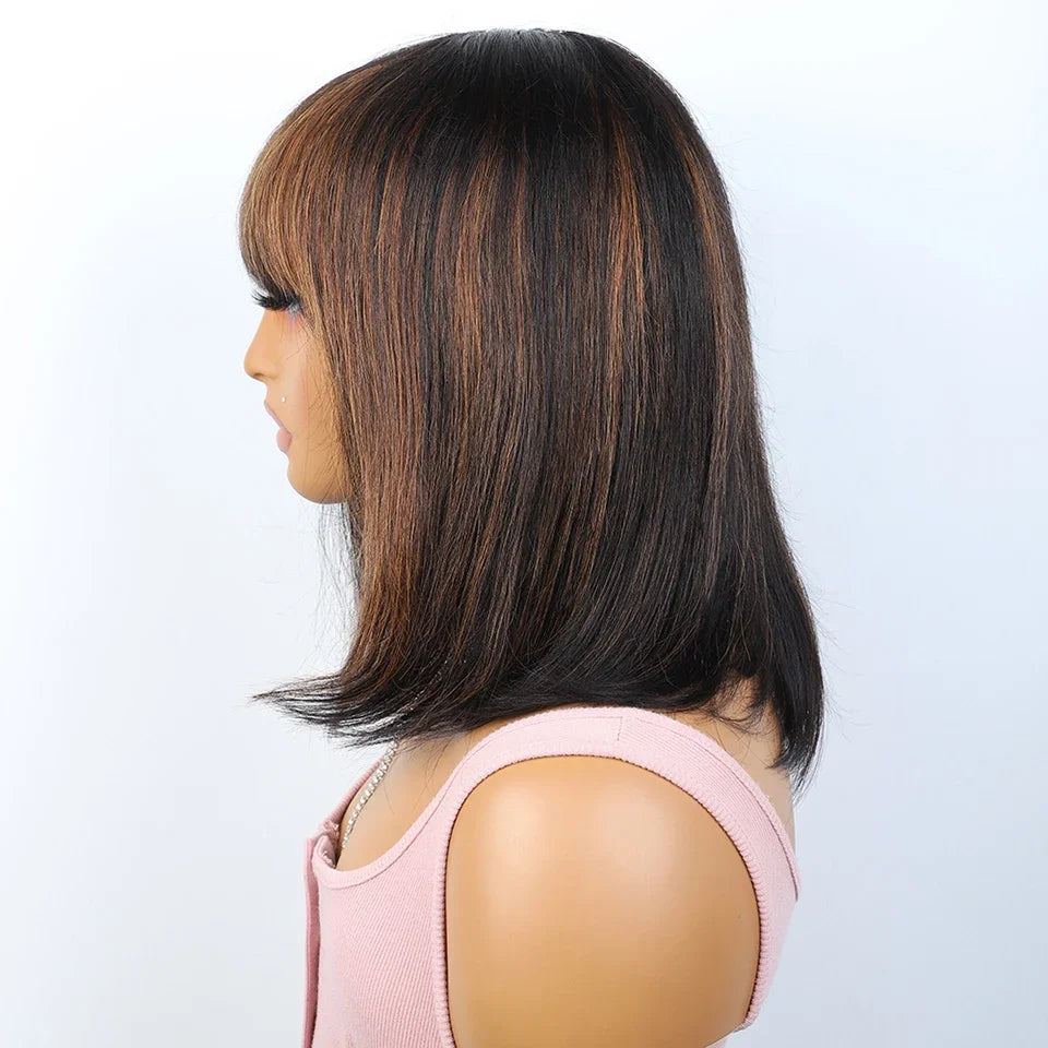 Ombre #4/27 Straight Bob Wig with Bangs | Human Hair Lace Top