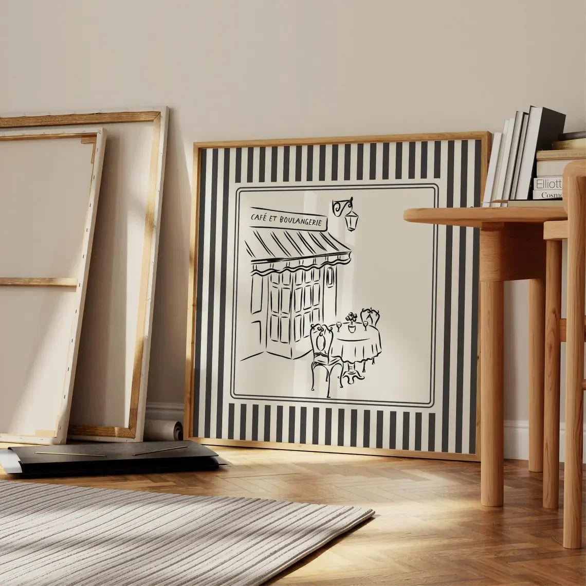 Black and White Striped French Cafe Print, Minimalist Illustration, Digital Downloads, Art Print, Gift Idea, Aesthetic
