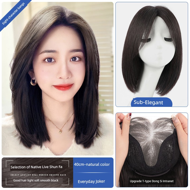 Natural Full-Head Human Hair Wig | Classy Collarbone Length Short Straight Wig with Oblique Bangs for Women (Sweet & Lovely, Elegant Style)