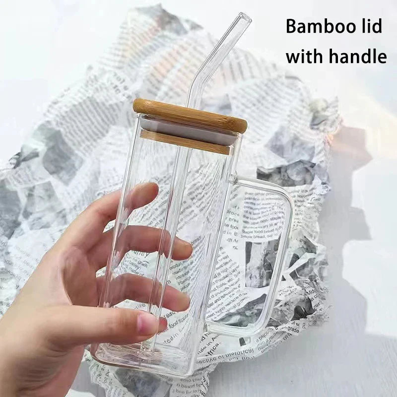 1/2/4/6Pc Square Heat Resistant Coffee Glass Cup With Lid and Straw Transparent Milk Tea Juice Coffee Mug For Home Bar Drinkware