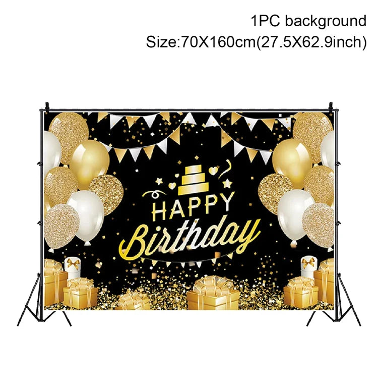 Gold Glitter Happy Birthday Party Backdrop For Photo Black  Happy Birthday Adult Theme Party Decoration Supplies DIY Backdrops
