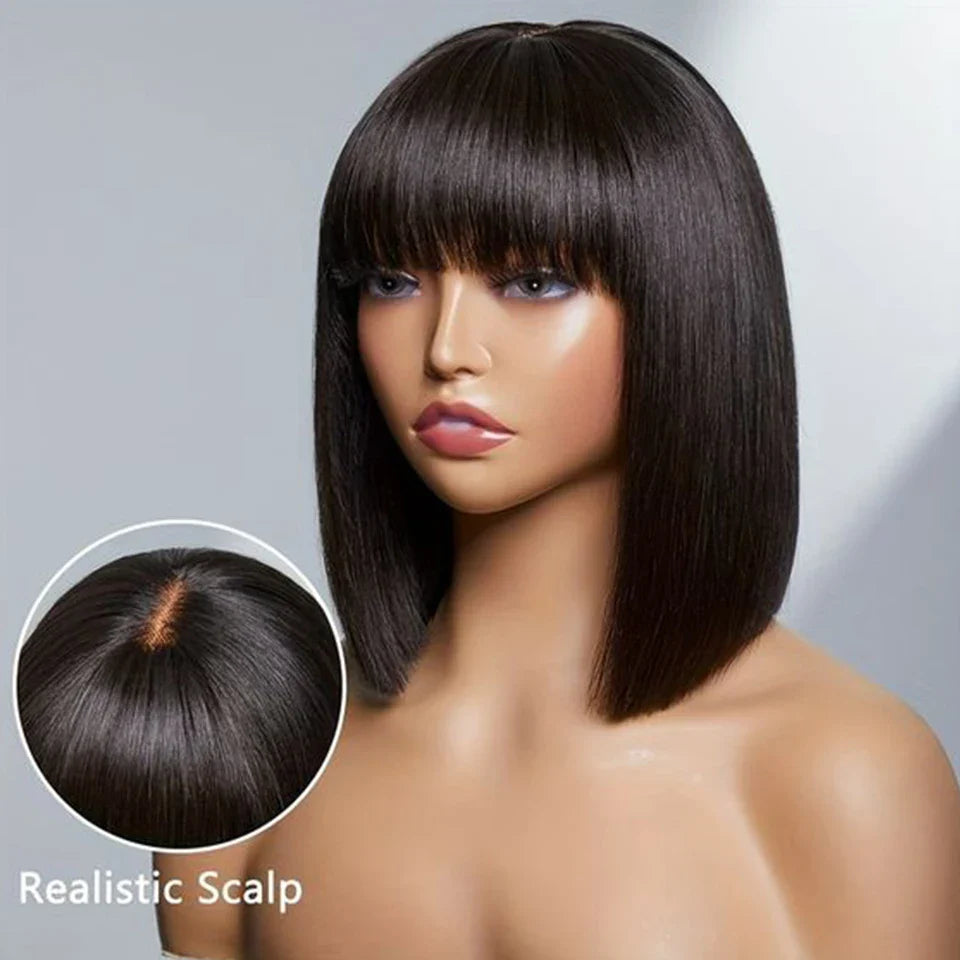 Peruvian Straight Bob Lace Wig with Bangs | Middle Part Glueless Human Hair | Realistic Scalp