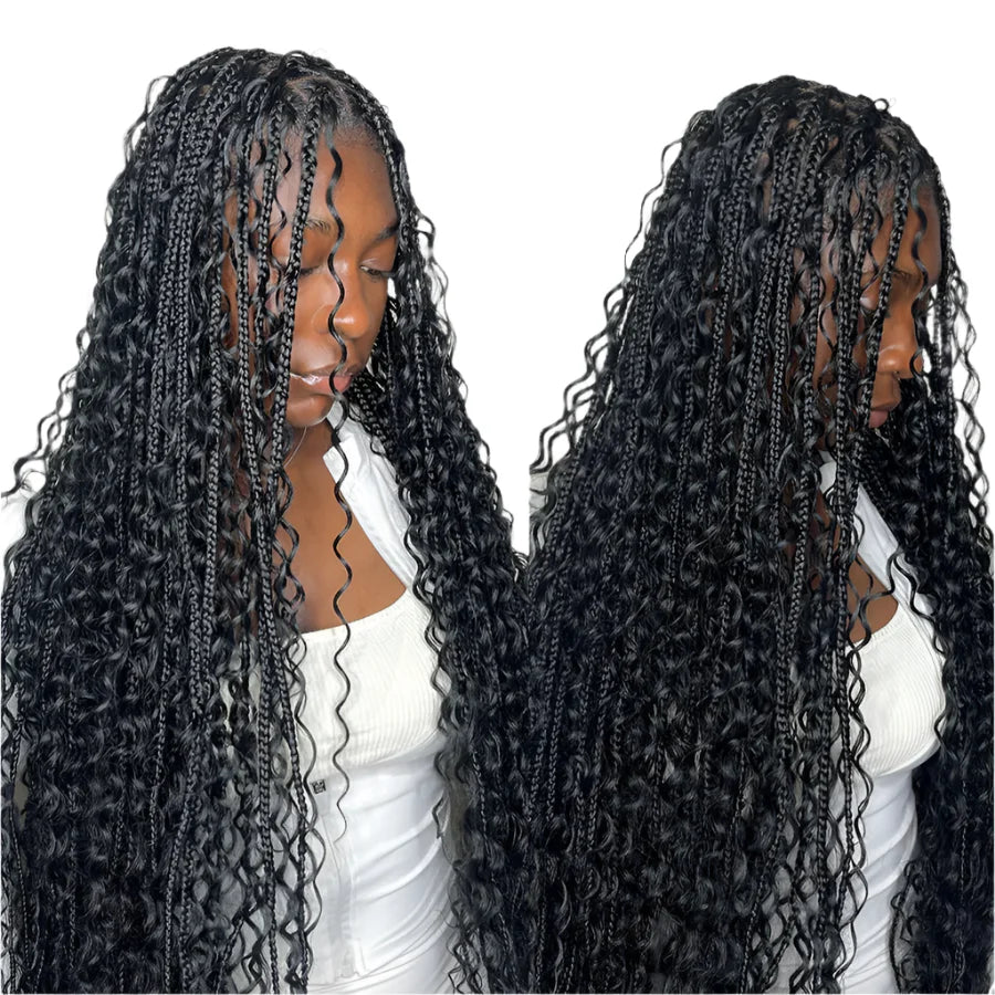 Boho Curly End Braided Full Lace Front Wig | Goddess Locs | Knotless Box Braids | Synthetic Bohemian Wig