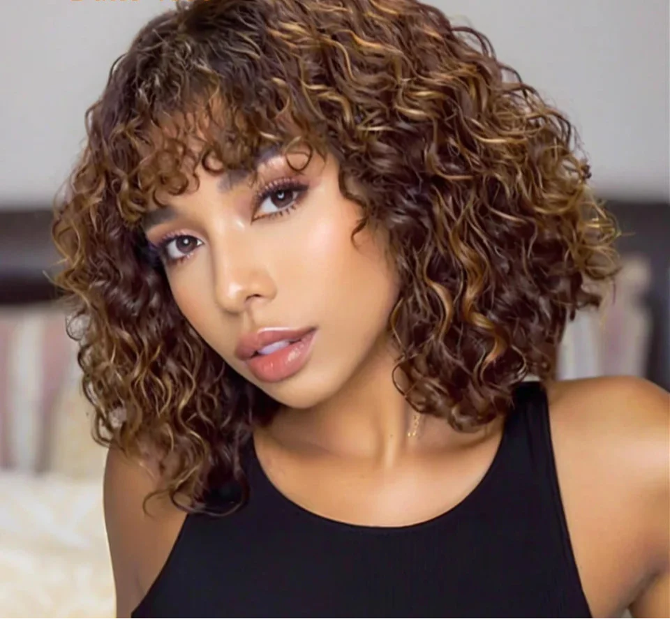 Brazilian Jerry Curly Human Hair Bob Wig with Bangs | Natural Highlight Honey Water Wave Kinky Curly Wigs for Women