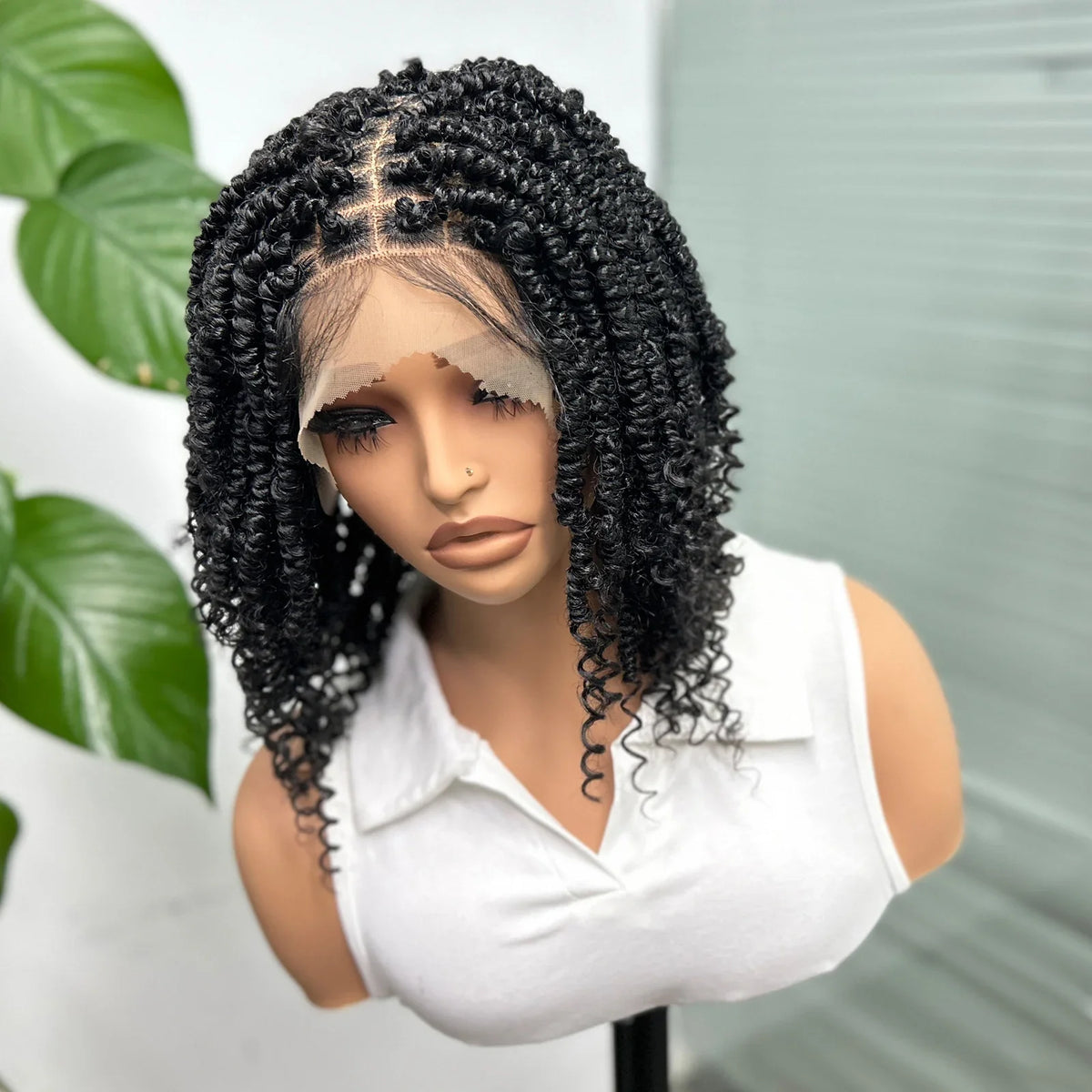 Knotless Box Braided Bob Wig with Curly Ends | Short Twist Braids | Synthetic Lace Front Wig | Handmade for Black Women
