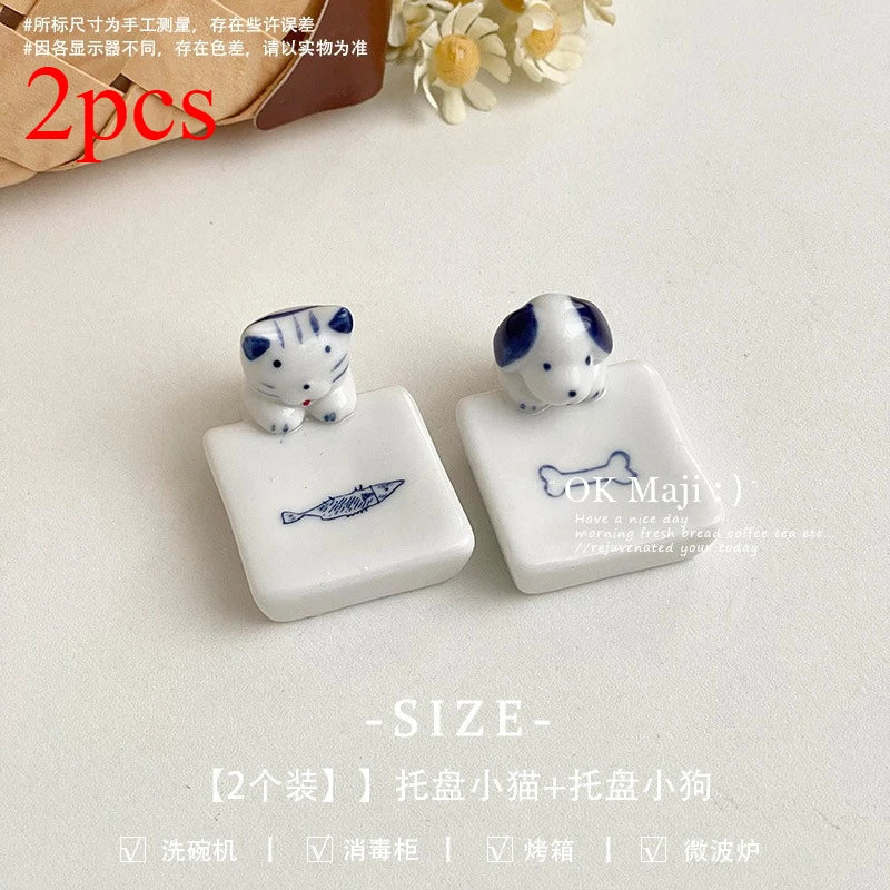 Kawaii Cat Dog Chopstick Holder Ceramic Knife Spoon Fork Tableware Holder Chop Stick Rack Dinning Table Decor Kitchen Supplies