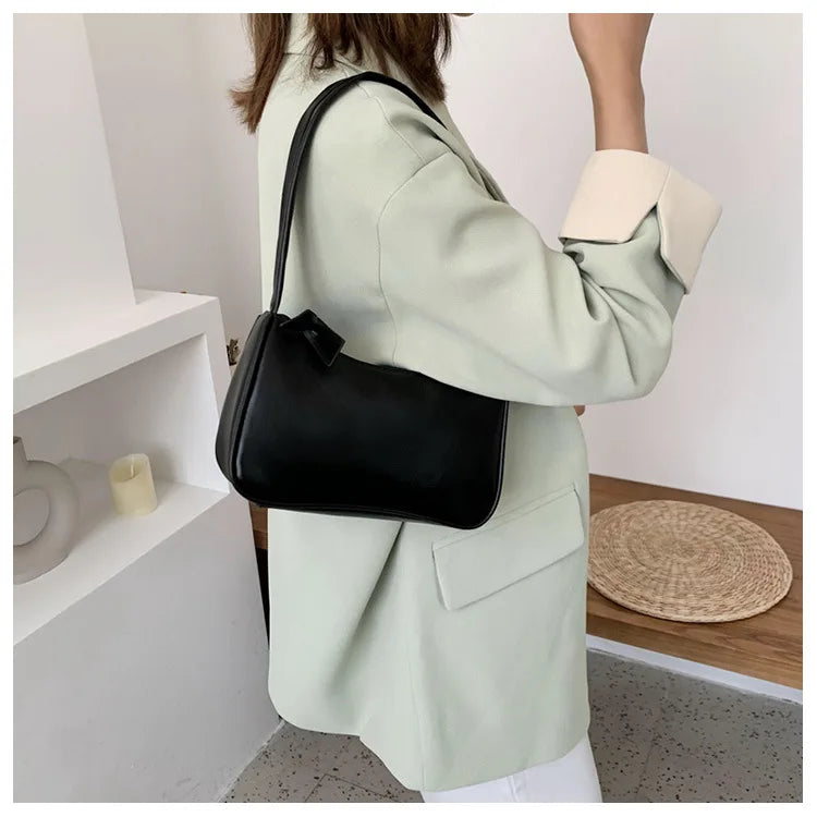 Retro Forearm Bag for Women | PU Leather Bow Handbag & Baguette Shoulder Bag (Western Style Underarm Bag, Casual Tote)