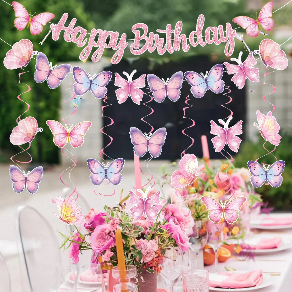 Butterfly Banner Spiral Set Happy 1st Birthday Party Decorations Kids Girls Favors Gifts Spring Butterfly Theme Hanging Pendant