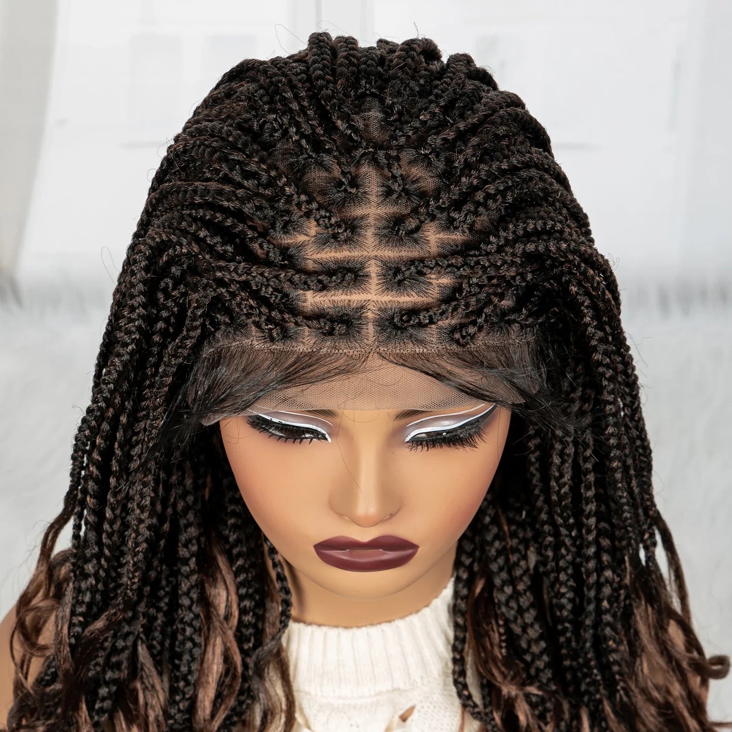 Burgundy Knotless Braids Wig with Curly Ends | 9x6 Lace Front | Blended Box Braids