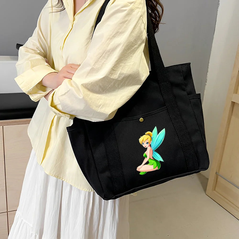 Tinker Bell Large Capacity Canvas Tote Bag | Work Commuting & College Style Student Shoulder Bag (Book Bag, Shopping Bag, Zipper Closure)