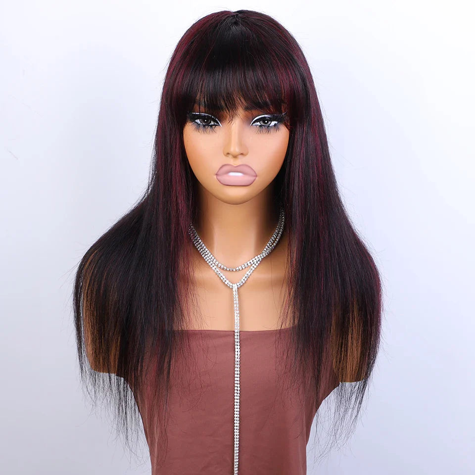 Burgundy Red & Black Bone Straight Wig with Bangs | Full Machine Made Human Hair (18-24")