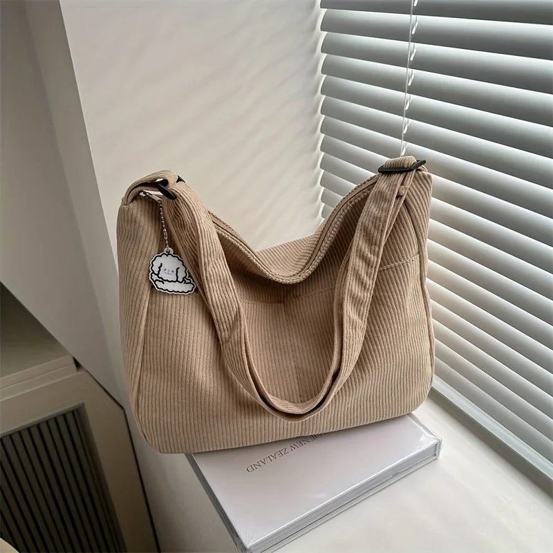 Women's Corduroy Shoulder Bag | Casual Striped Large Capacity Tote with Zipper (Cute Hat Patch, Everyday Use)