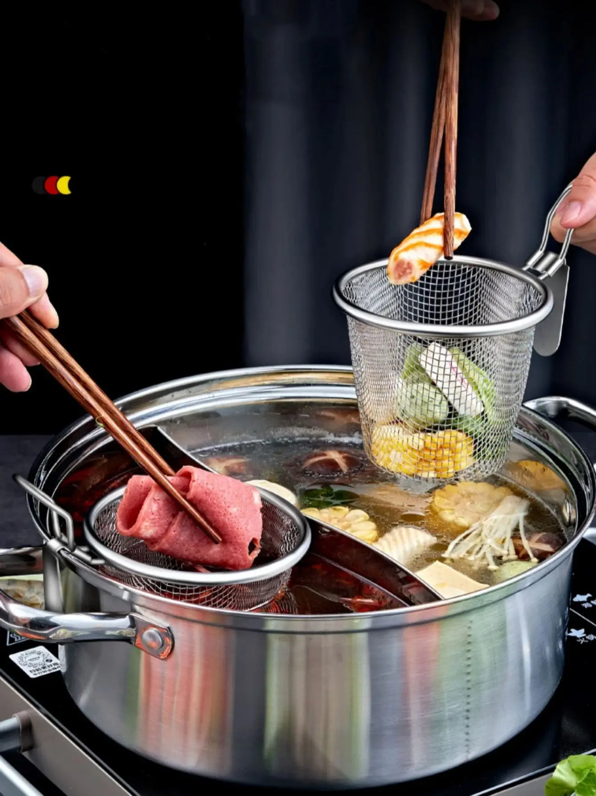 Stainless steel chafing dish, leaky spoon, household strainer, funnel, hook, instant boiled meat, fried Lo mein, boiled noodles