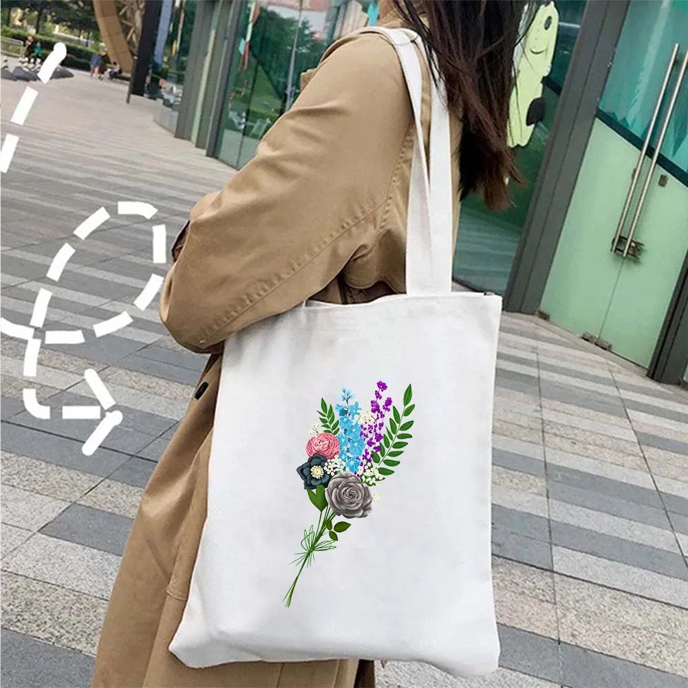 Succulove Floral Cotton Tote Bag | Large Capacity Handbag with Tulips, Hydrangeas, Sunflowers & More (Casual Shoulder Shopper, Eco-Friendly)