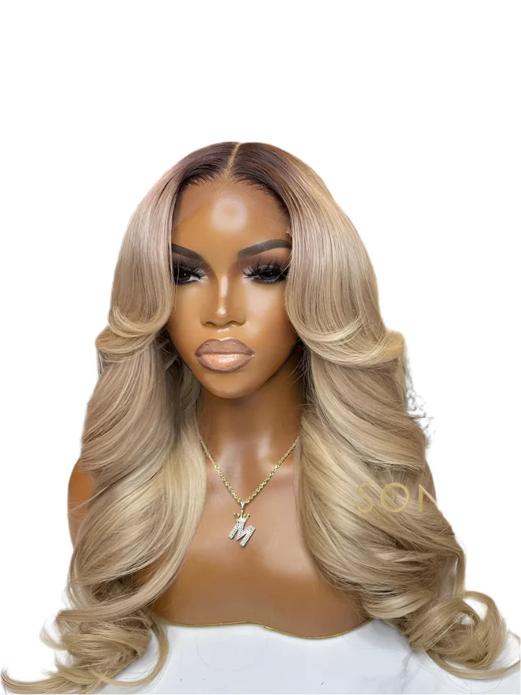 Ombre Ash Honey Blonde 13x6 Transparent Lace Frontal Wig | Dark Root Body Wave Human Hair