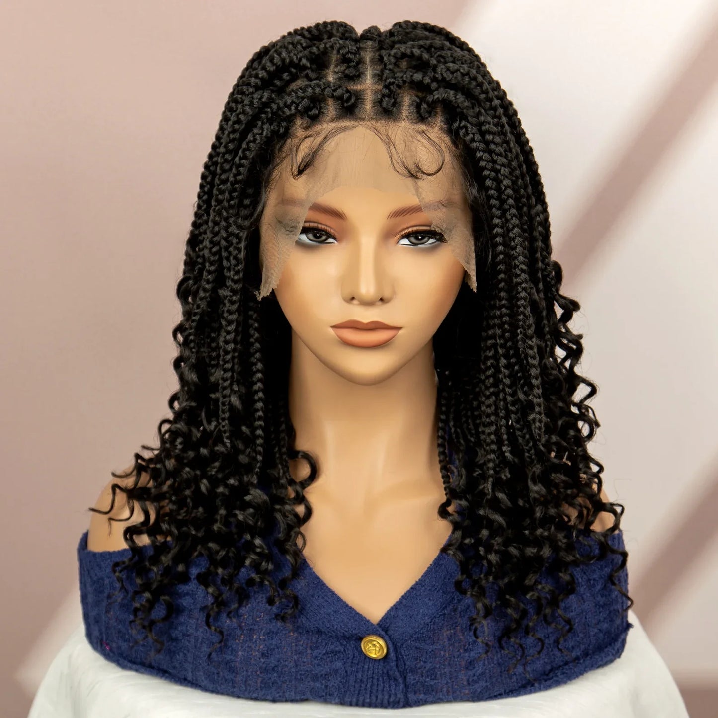 Short Bob Boho Knotless Box Braids Wig | 360 Double Full Lace | Curly Ends