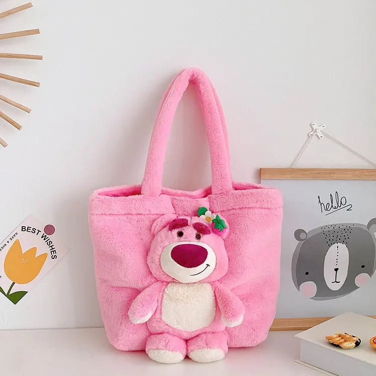 New Cartoon Plush Doll Shoulder Bag | Sweet and Cute Stitch Strawberry Bear Soft Cute Girls Handbag