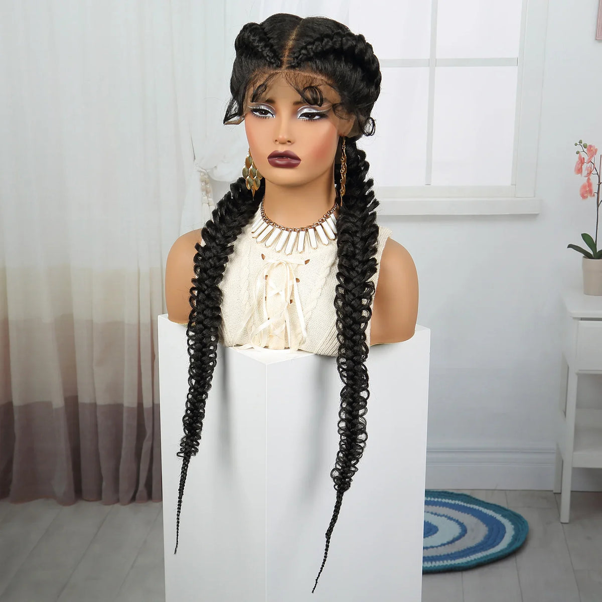 36" Burgundy Twist Cornrow Braids Wig | 99J | Lace Frontal | Baby Hair