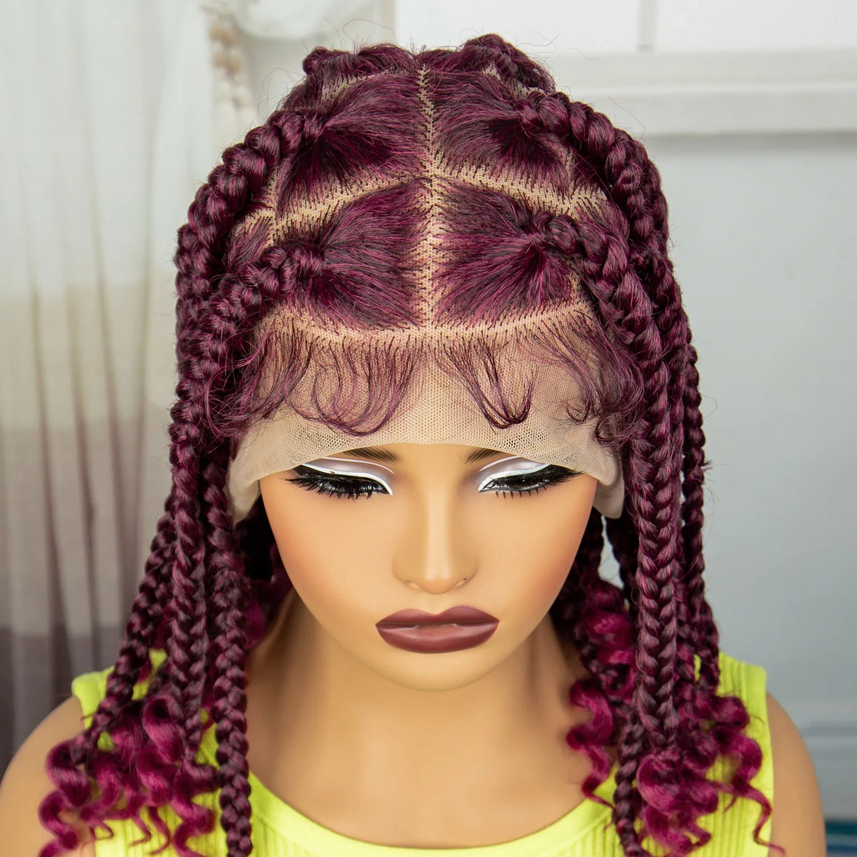 14" Short Braided Wig with Curly Ends | Knotless Box Braids | Full Lace Synthetic Wig for Black Women | Transparent Lace