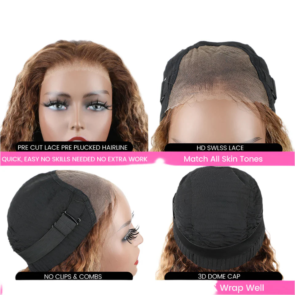 Ombre 4/27 Honey Blonde Water Wave HD Lace Front Human Hair Wig | Glueless & Pre-Cut 6x4 Closure