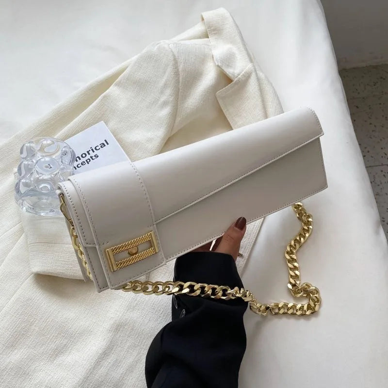 High Quality Klein Blue PU Leather Shoulder Bag for Women | Fashion Rectangle Underarm Purse (Ladies' Solid Handbag with Chains)