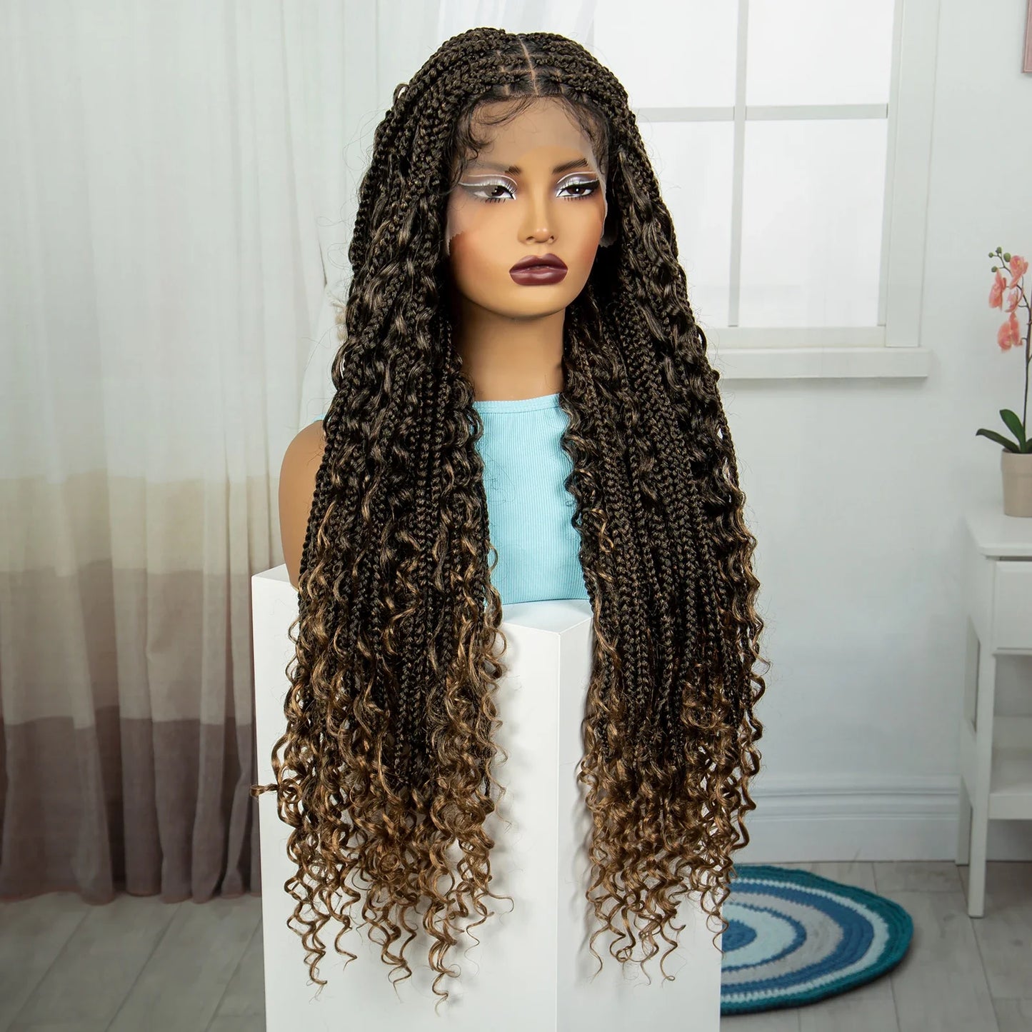 Ombre Knotless Braids Wig | Curly Ends | Full Lace | Baby Hair | Handmade