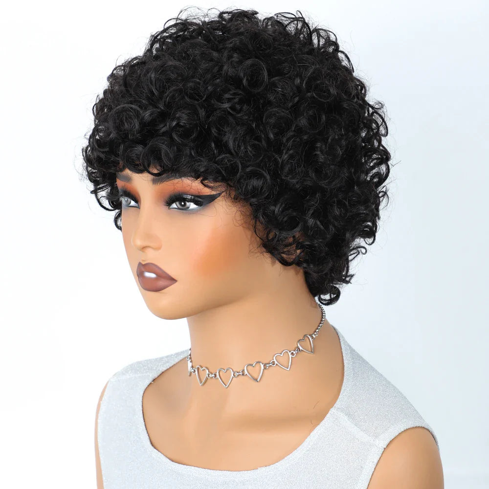 Brazilian Short Pixie Bob Afro Kinky Curly Wig with Bangs | Full Machine Made Human Hair (Natural Brown & 99J)