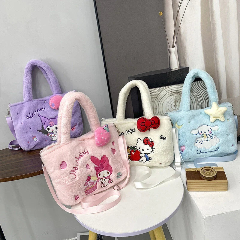 Kawaii Hello Kitty Plush Shoulder Bag | My Melody Cinnamoroll Kuromi Cute Cartoon Anime Handbag (Soft Storage Bag for Women & Girls)