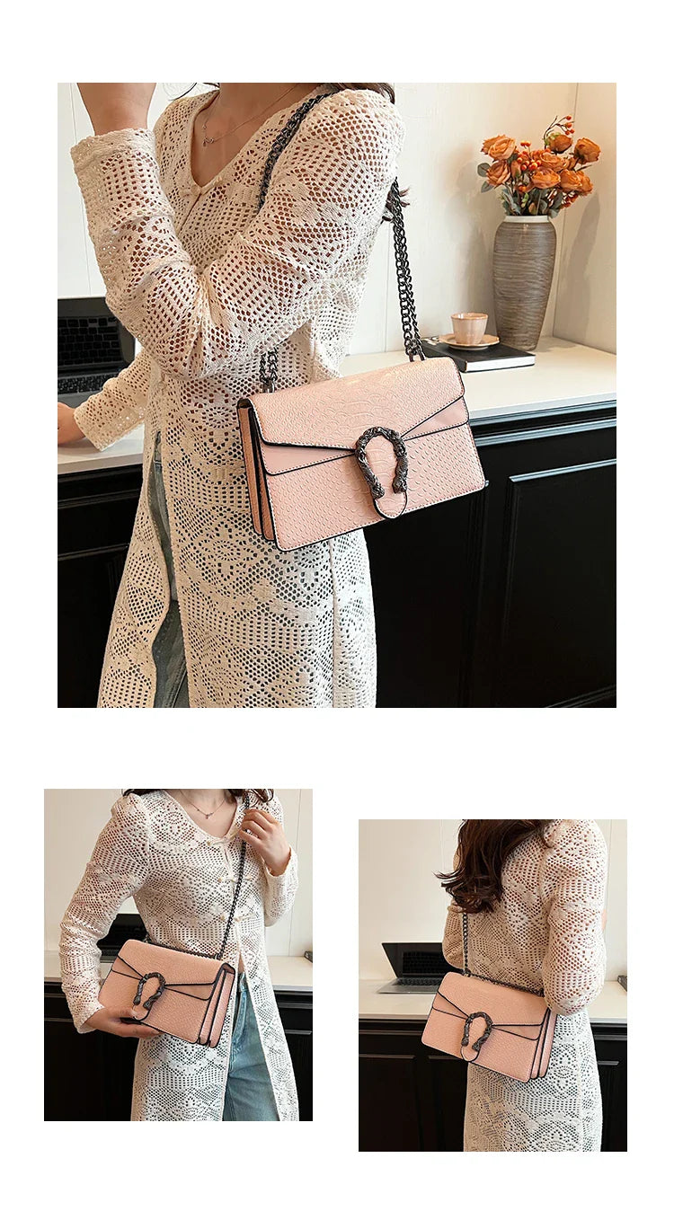 Retro Style Fashion Chain Shoulder Bag for Women | Snake Pattern Crossbody Small Square Bag (Trendy Accessory)