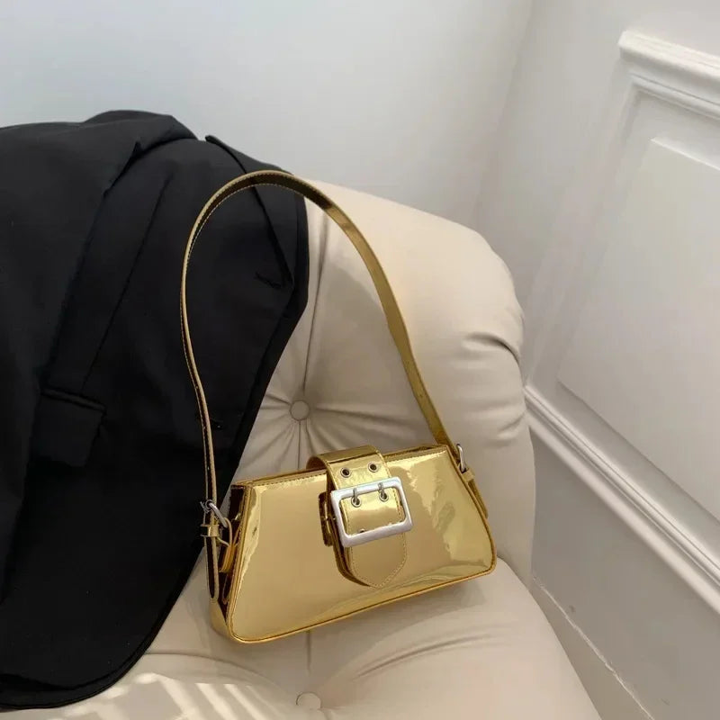 New Luxury Design Women's Glossy PU Leather Armpit Bag | Fashion Party Handbag (Patent Leather Silver Shoulder & Crossbody Bag)