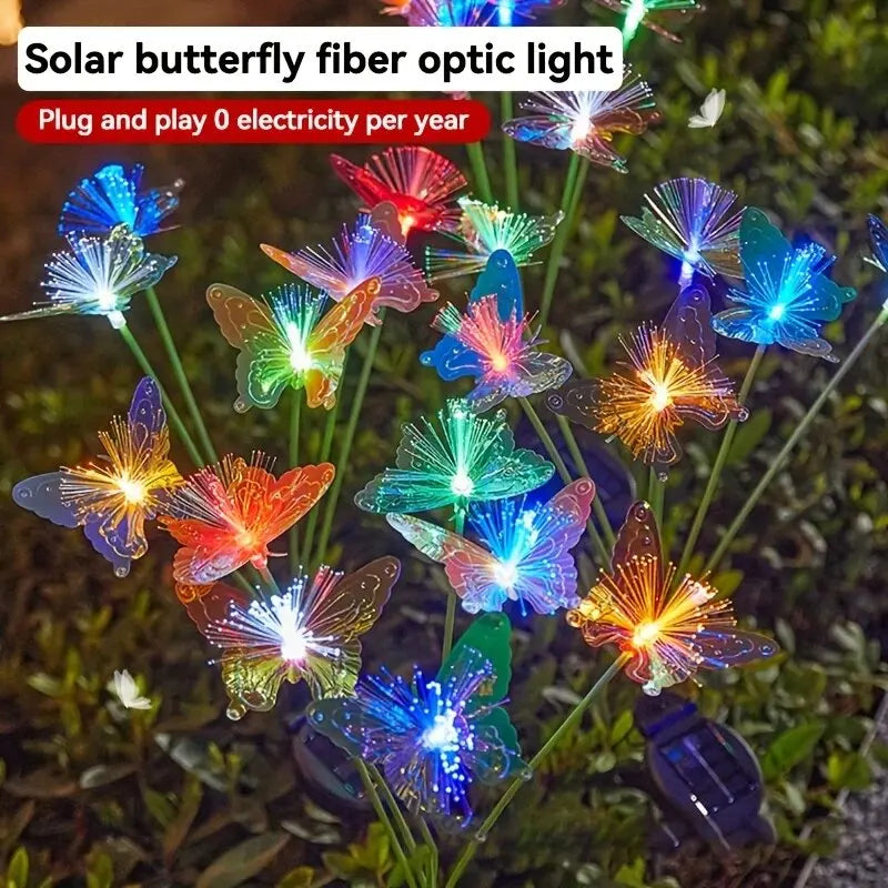 1PC 6-Head LED Solar Fiber Optic Butterfly Lights, 2 Modes Outdoor Idea Landscape Lighting For Garden,Pathways, Lawn, Patio,Yard